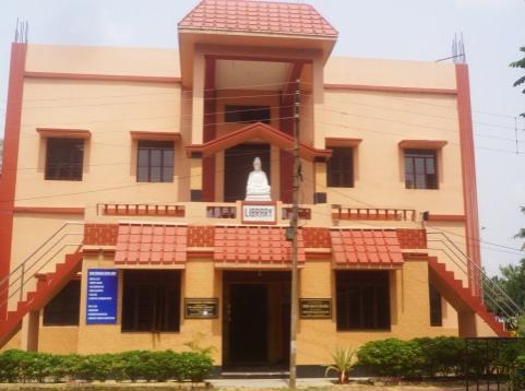 Two-storied library building with a statue at the entrance