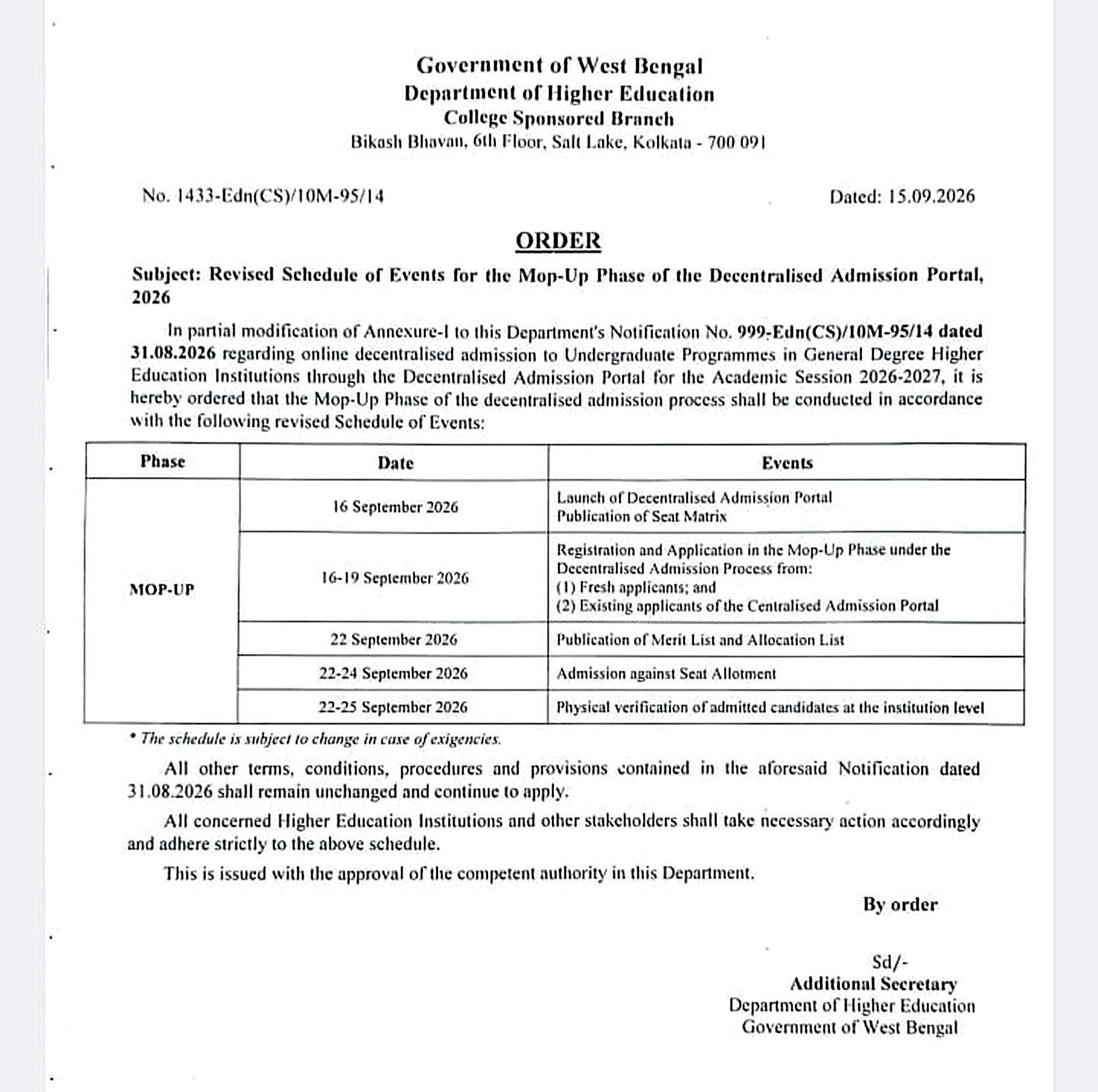 Government of West Bengal, Department of Higher Education order No. 1433-Edn(CS)/10M-95/14 dated 15.09.2026: Revised Schedule of Events for the Mop-Up Phase of the Decentralised Admission Portal, 2026